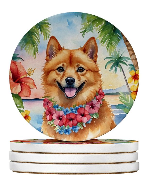Finnish Spitz Luau Large Sandstone Coasters Pack Of 4 Absorbent Round Coasters Decor Gifts For Men Or Women, 4 In, Multicolor_maomaolike.com