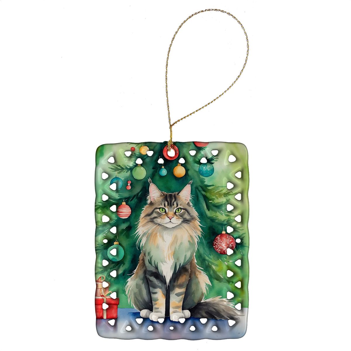 MaineCoon Cat By The Christmas Tree Porcelain Ornament Christmas Tree Hanging Decorations For Home Christmas Holiday, Rectangle, Gift, Multicolor_maomaolike.com