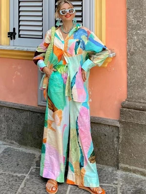 Women's Clothing casual fashion printed shirt collar loose long-sleeved two-piece suit_maomaolike.com