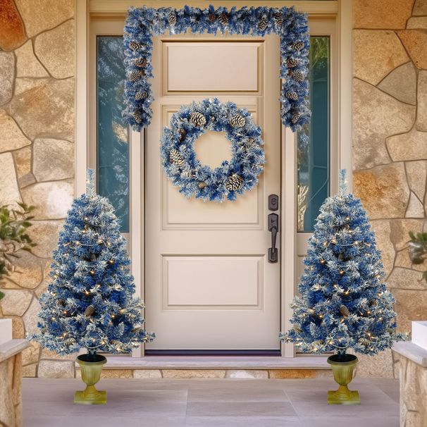 Pre-lit Xmas Tree Artificial Christmas 4-Piece Set,Garland, Wreath And Set Of 2 Entrance Trees X-mas With LED Lights, Christmas Tree_maomaolike.com
