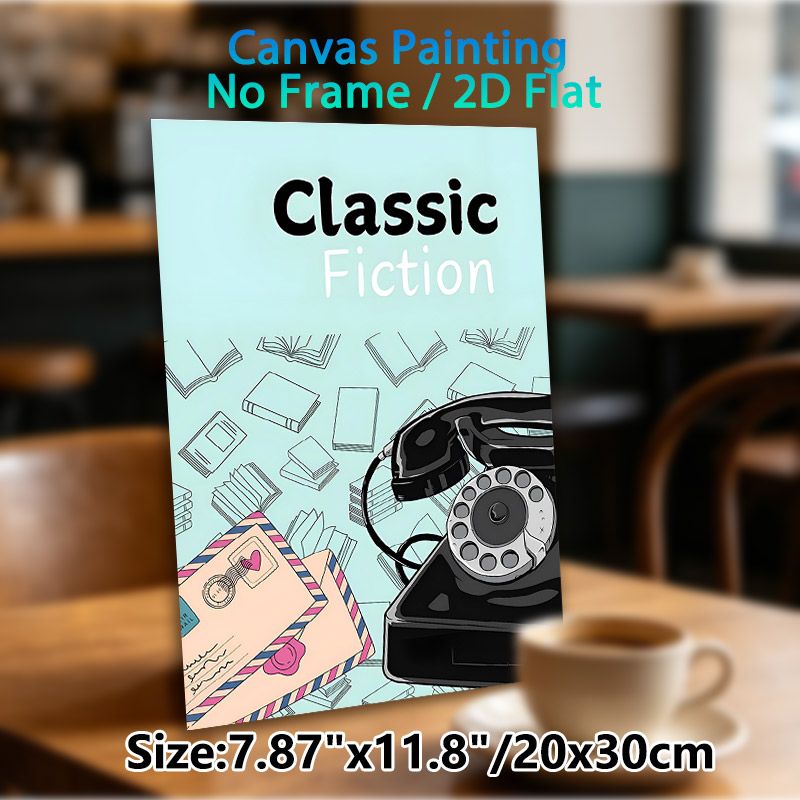 Classic Fiction Painting Poster, Vintage Cartoon Style Poster, Retro Rotary Phone, Envelopes & Illustrated Books Design, Nostalgic Literary Decor_maomaolike.com