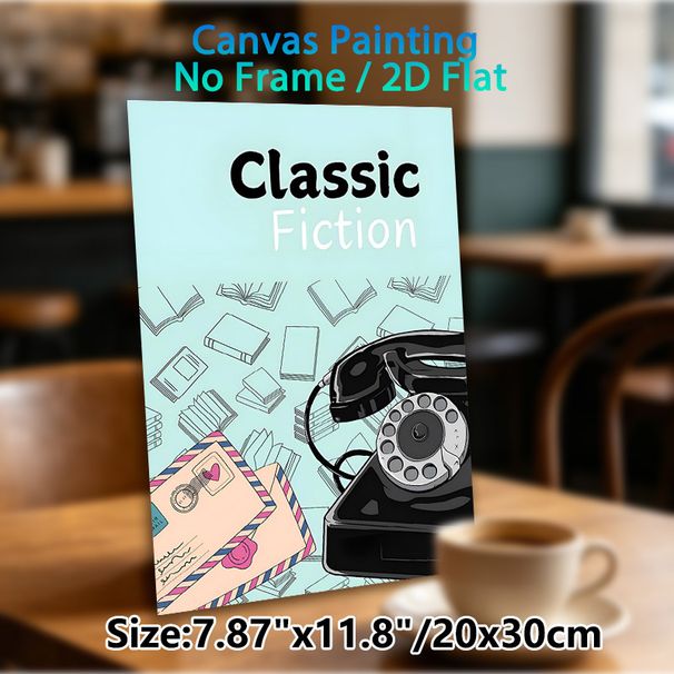 Classic Fiction Painting Poster, Vintage Cartoon Style Poster, Retro Rotary Phone, Envelopes & Illustrated Books Design, Nostalgic Literary Decor_maomaolike.com