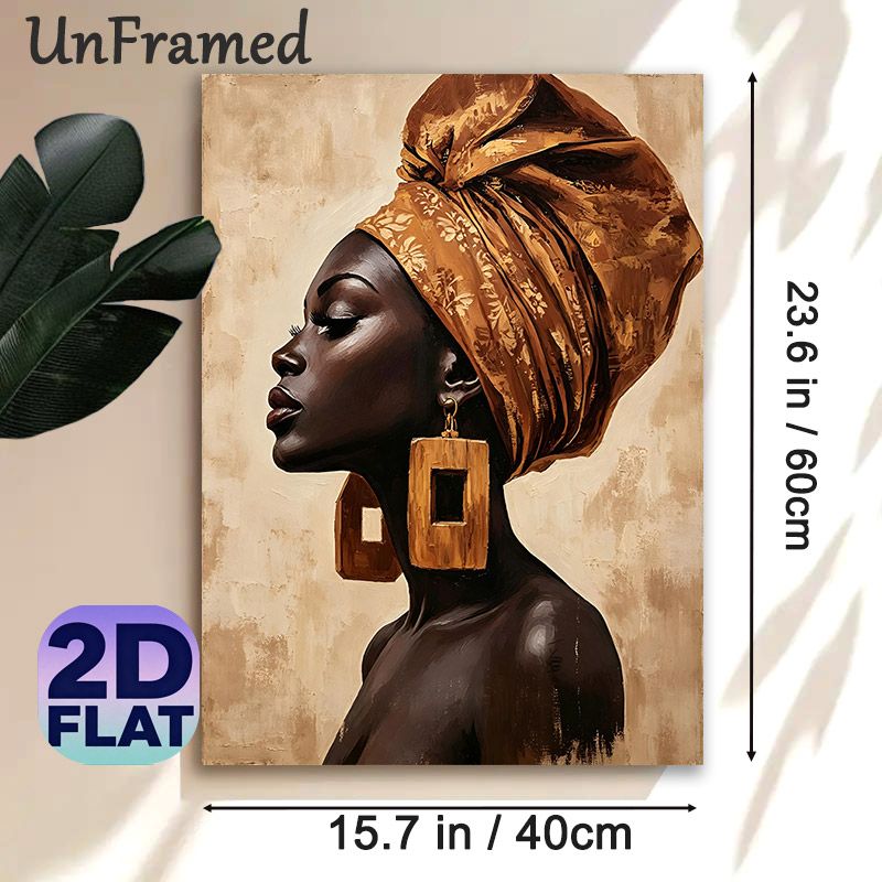 African Woman Painting Poster, Elegant Oil Painting Style Poster, Warm-toned Portrait Of A Woman With Ornate Headwrap And Bold Earrings, Adds Cultural_maomaolike.com