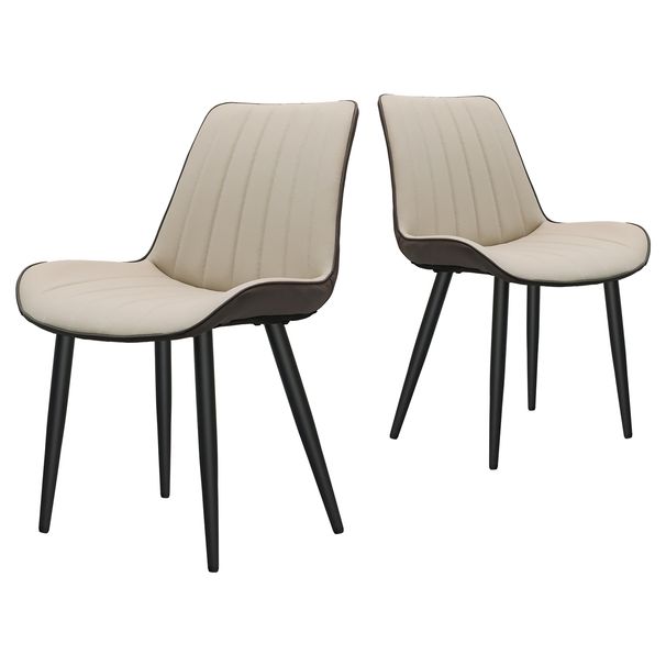 Khaki + Grey PU Leather Dining Chair With Metal Legs, Wave Pattern Upholstered Armless Chair Set Of 2 For Kitchen, Restaurant, Living, Meeting Room_maomaolike.com