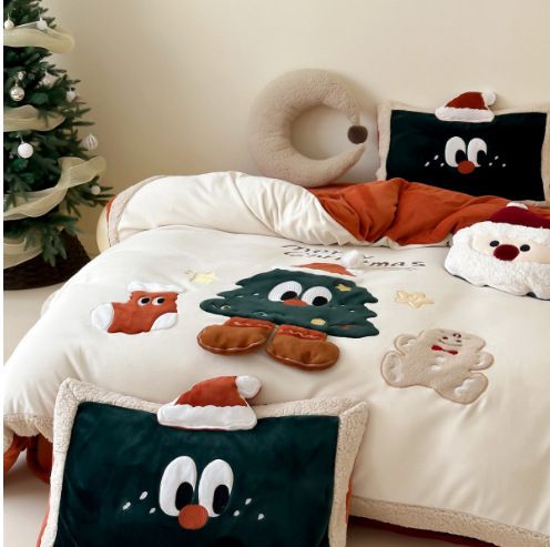Christmas Lamb Wool Four-Piece Milk Velvet Thickened Winter Warm Cartoon Holiday Bedding Set_maomaolike.com