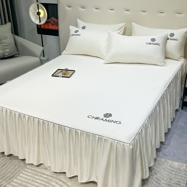Summer Camellia Embroidery Washed Ice Silk Skirt Three-Piece Set Pillowcase Non-Slip Dustproof Single Bed Cover_maomaolike.com