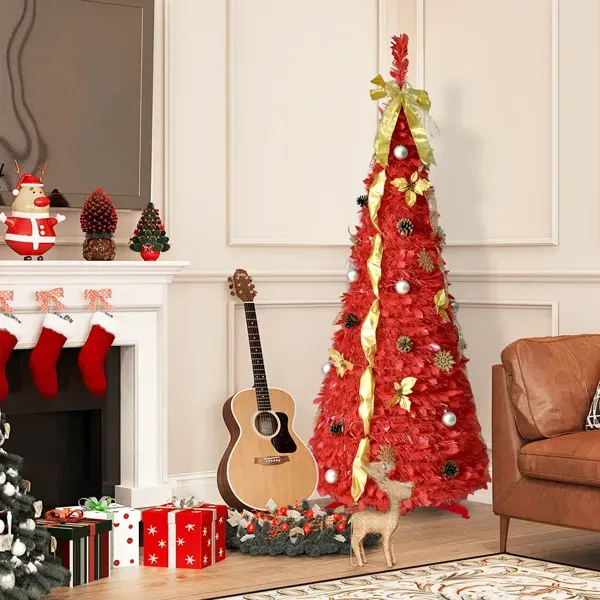 6FT Red Pop-Up Christmas Tree With 150 Warm White LED Lights, Ornaments Included – 4 Ribbons, Bow, Flowers, Snowflakes, Pine Cones & Balls – Easy Assembly & Space-Saving Holiday Décor_maomaolike.com