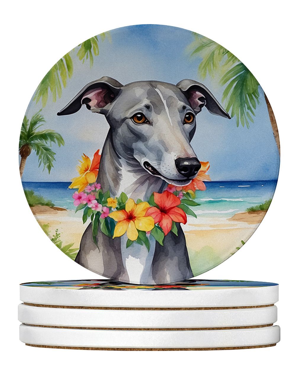 Greyhound Luau Large Sandstone Coasters Pack Of 4 Absorbent Round Coasters Decor Gifts For Men Or Women, 4 In, Multicolor_maomaolike.com