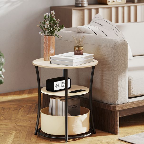 Round Side Table With Charging Station, 3-Tier End Table With Fabric Storage Bag And Shelf, Natural Wood_maomaolike.com