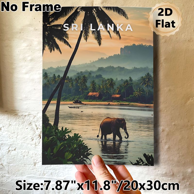 Sri Lanka Tropical River Landscape Painting Poster, Warm-toned Serene Scenery Poster, Features Elephant Wading In River, Palm Trees & Riverside Huts_maomaolike.com