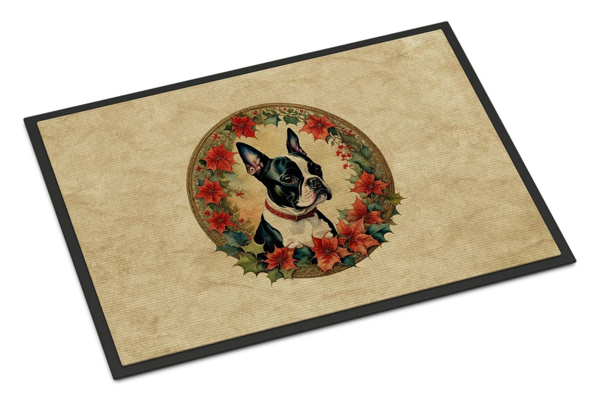 Boston Terrier Christmas Flowers Doormat Front Door Mat Indoor Outdoor Rugs For Entryway, Non Slip Washable Low Pile, 24H X 36W_maomaolike.com