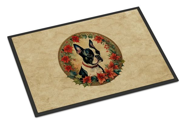 Boston Terrier Christmas Flowers Doormat Front Door Mat Indoor Outdoor Rugs For Entryway, Non Slip Washable Low Pile, 24H X 36W_maomaolike.com