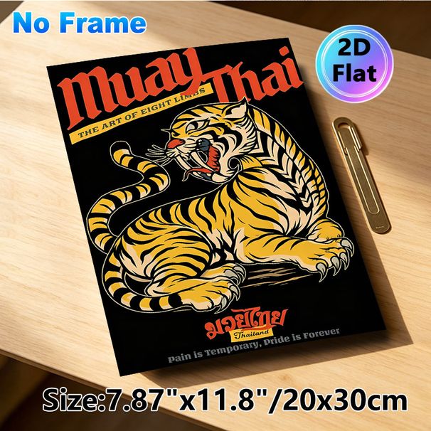 Muay Thai Tiger Painting Poster, Vibrant Retro Style Fierce Growling Tiger With Muay Thai Slogans Poster, Bold Martial Arts Themed Decor Ideal For_maomaolike.com