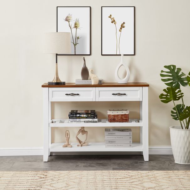 Retro Design Console Table With Two Open Shelves, Pine Solid Wood Frame And Legs For Living Room_maomaolike.com