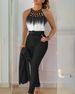 Women's Clothing autumn and summer temperament commuting print cross strap gradient top + solid color slim pants two piece set_maomaolike.com