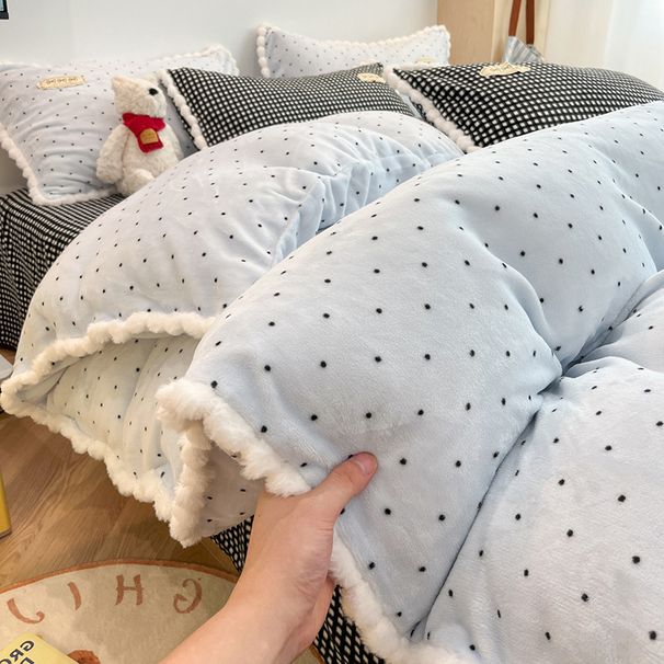 Wholesale Korean Style Color-Block Pom-Pom Lace Milk Velvet Autumn Winter Double-Sided Warm Coral Fleece Four-Piece Set_maomaolike.com