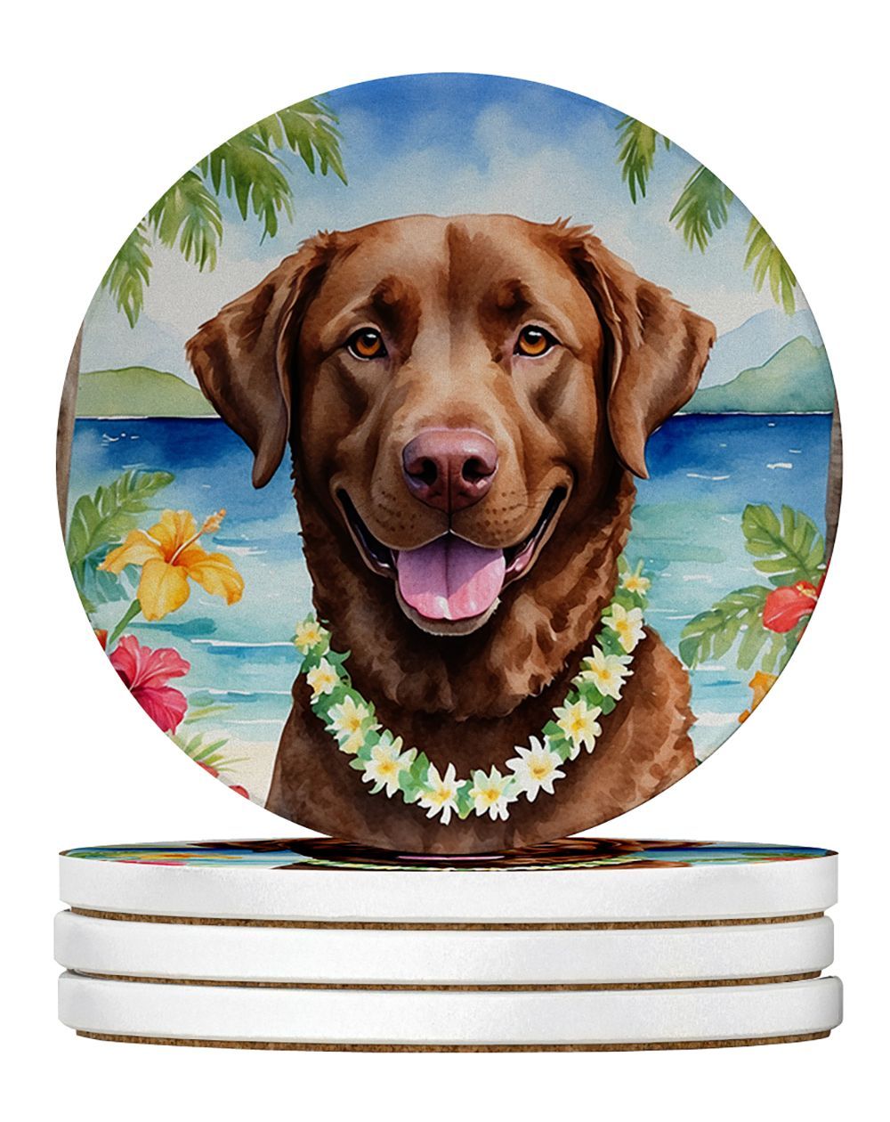 Chesapeake Bay Retriever Luau Large Sandstone Coasters Pack Of 4 Absorbent Round Coasters Decor Gifts For Men Or Women, 4 In, Multicolor_maomaolike.com