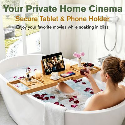 Extendable Bathtub Shelf Tray, Light-Luxury Bathing Organizer, Bamboo Bathroom Rack, Tub Tray Storage Shelf_maomaolike.com