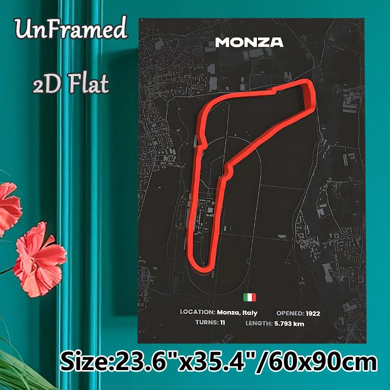 Monza Racing Circuit Painting Poster, Sleek Dark-toned Minimalist Race Track Layout Poster, Informative Circuit Detail Decor For Home Office, Racing_maomaolike.com
