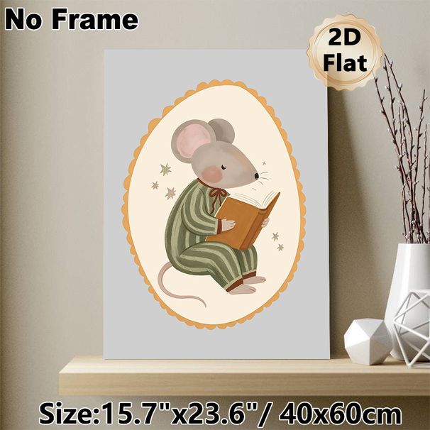 Reading Mouse Themed Painting Poster, Soft-toned Whimsical Illustrated Poster, Gentle Bedtime-themed Art, Suitable For Bedroom And Reading Nook_maomaolike.com