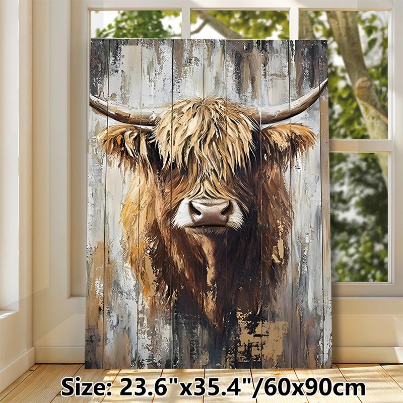 Highland Cow Painting Poster, Textured Earth-toned Rustic Animal Portrait Poster, Adds Warm Rustic Charm, Ideal For Living Room And Farmhouse Wall_maomaolike.com