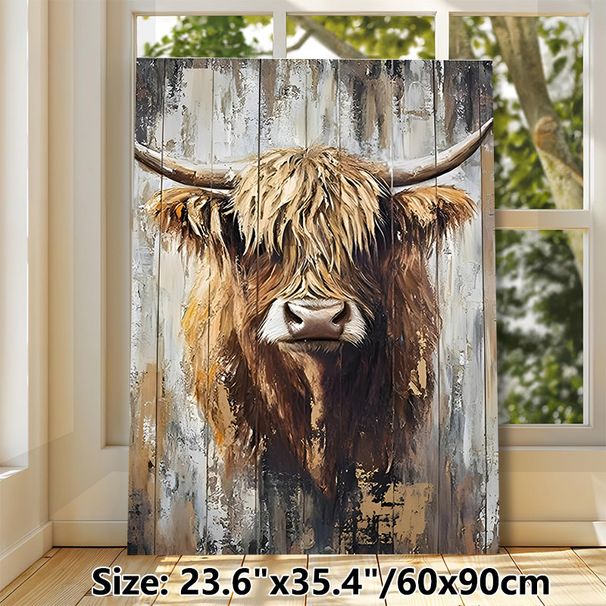 Highland Cow Painting Poster, Textured Earth-toned Rustic Animal Portrait Poster, Adds Warm Rustic Charm, Ideal For Living Room And Farmhouse Wall_maomaolike.com