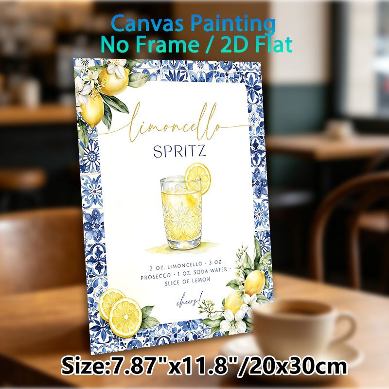 Limoncello Spritz Cocktail Painting Poster, Watercolor Style With Blue Tile Border & Fresh Lemon Elements Poster, Displays Drink Recipe, Ideal For_maomaolike.com