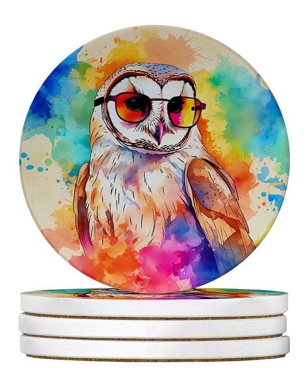 Hippie Animal Barn Owl Large Sandstone Coasters Pack Of 4 Absorbent Round Coasters Decor Gifts For Men Or Women, 4 In, Multicolor_maomaolike.com