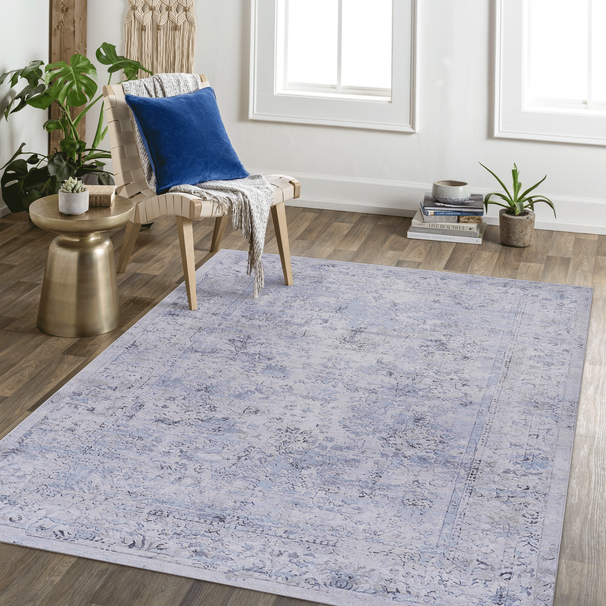 MAVAL Blue Washable Rug 4x6 Area Rug Blue Cream, 4' X 6'_maomaolike.com