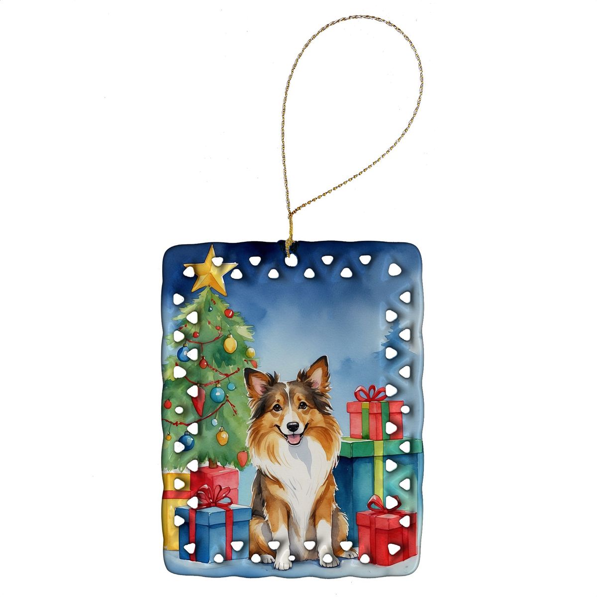 Sheltie Christmas Reindeer Porcelain Ornament Christmas Tree Hanging Decorations For Home Christmas Holiday, Rectangle, Gift, Multicolor_maomaolike.com