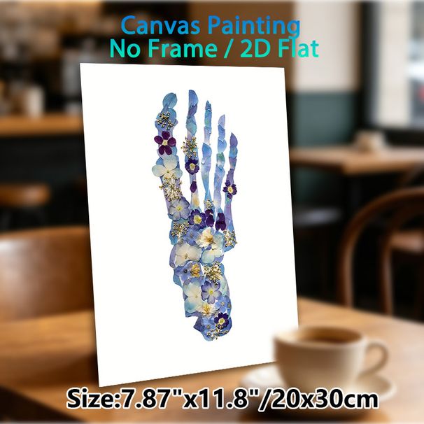 Pressed Floral Skeleton Hand Painting Poster, Delicate Blue & Purple Pressed Floral Skeleton Hand Poster, Unique Artistic Decor For Living Room_maomaolike.com