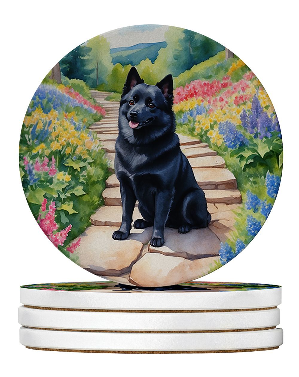 Schipperke Spring Path Large Sandstone Coasters Pack Of 4 Absorbent Round Coasters Decor Gifts For Men Or Women, 4 In, Multicolor_maomaolike.com