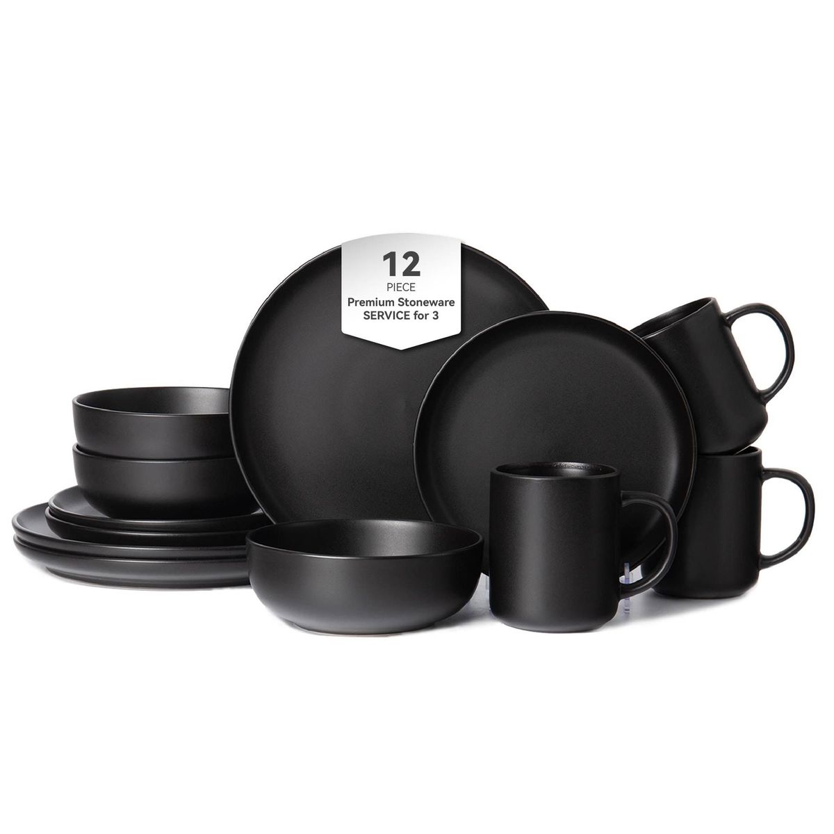 12-Piece Stoneware Dinnerware Sets With Mugs | Microwave & Dishwasher Safe | Non-Toxic Dinner Plates Bowls Set | Stackable Matte Glaze Kitchenware For 3,Black_maomaolike.com