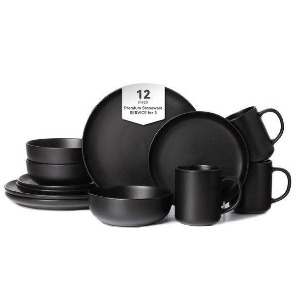 12-Piece Stoneware Dinnerware Sets With Mugs | Microwave & Dishwasher Safe | Non-Toxic Dinner Plates Bowls Set | Stackable Matte Glaze Kitchenware For 3,Black_maomaolike.com