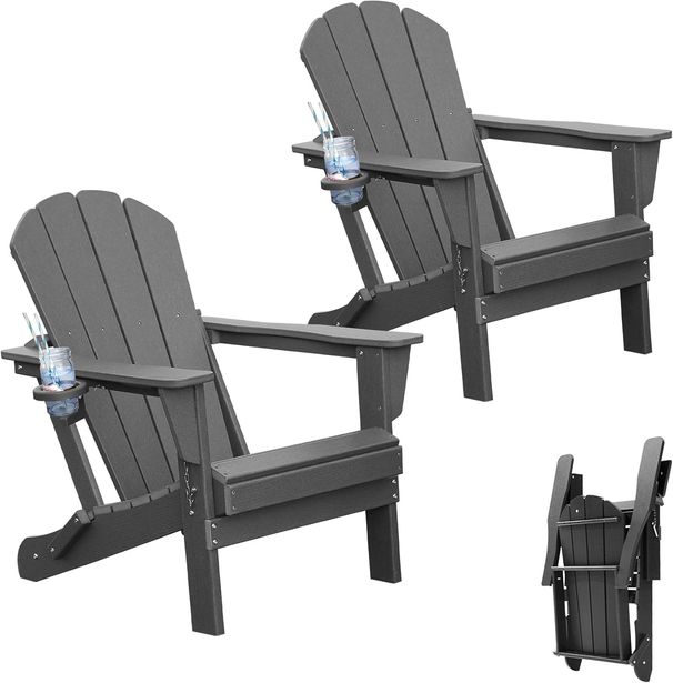 Adirondack Chairs Set Of 2, Plastic Adirondack Chair, Adirondack Chairs, HDPE Adirondack Chair, Folding Adirondack Chairs, Outdoor Chairs With Cup Holder For Lawn Patio Deck Fire Pit -Gray_maomaolike.com