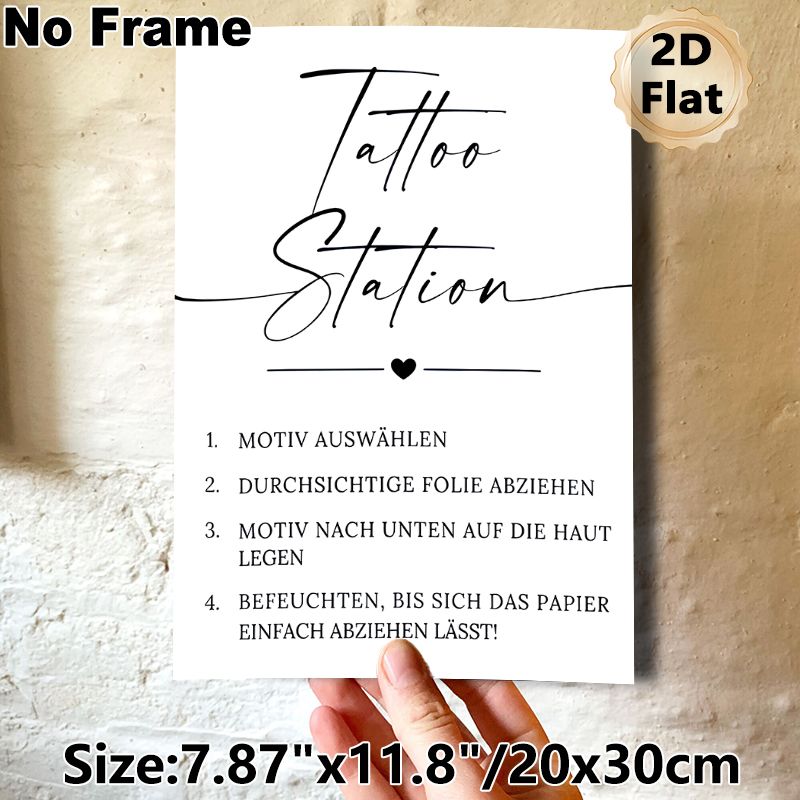 Tattoo Station Painting Poster, Minimalist Black & White Elegant Script Style Poster, Clear Step-by-step Temporary Tattoo Application Guide, Suitable_maomaolike.com