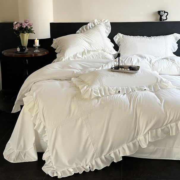 Wholesale INS French Skin-Friendly Soft Solid Color Washed Cotton Four-Piece Princess Style Ruched Ruffle Trim 4-Piece Set_maomaolike.com