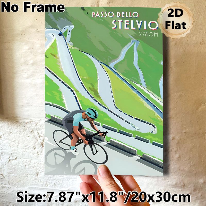 Cycling At Passo Dello Stelvio Painting Poster, Vibrant Stylized Illustration Poster, Features Cyclist On Winding Mountain Road, Ideal For Home, Gym_maomaolike.com