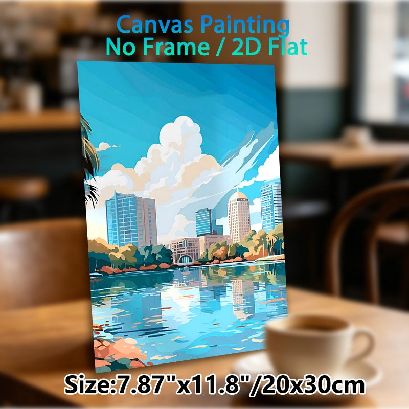 Waterfront City Skyline Painting Poster, Vibrant Flat-style Urban Scene Poster, Peaceful Lakeside City View With Clear Reflections, Suitable For Home_maomaolike.com