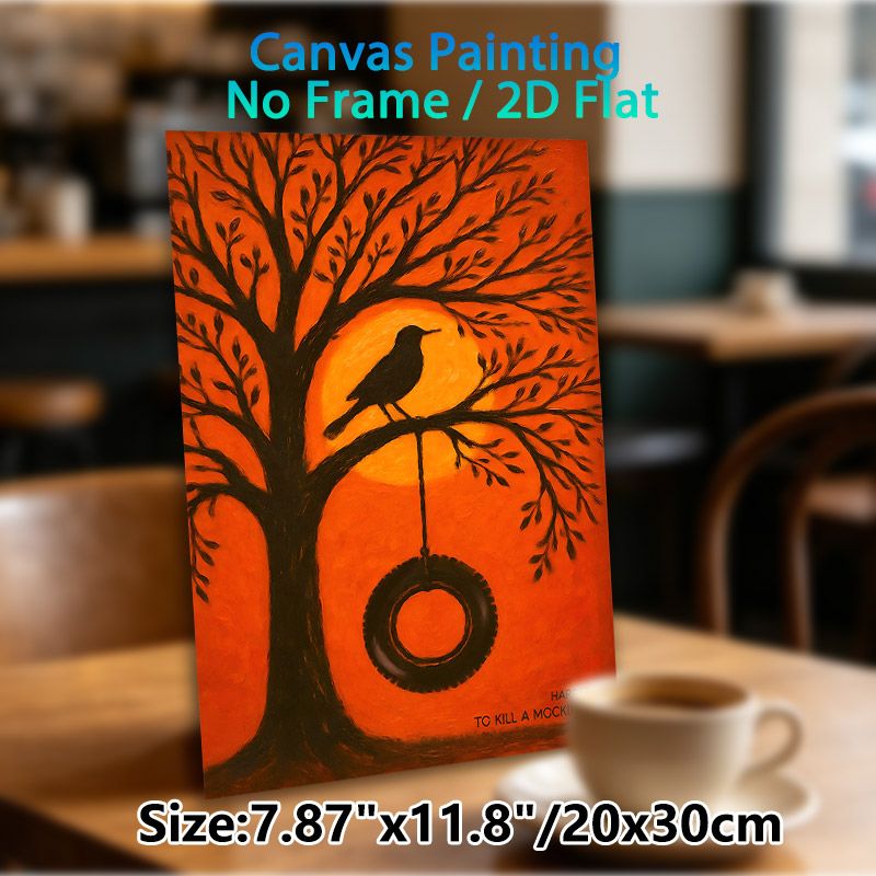 Mockingbird & Tree With Tire Swing Painting Poster, Warm Orange-toned Silhouette Art Poster, Evokes Literary Nostalgia, Ideal For Living Room And_maomaolike.com