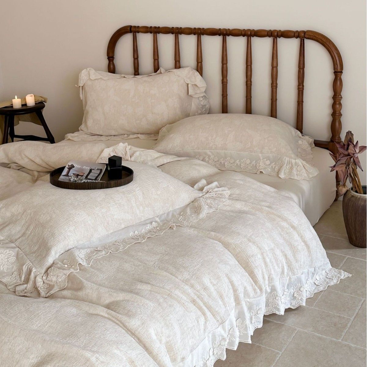 SetMicrofiber French-style Cotton-linen Yarn-dyed Four-piece Bedding Set With Large Lace Duvet Cover And Sheet, Girlish_maomaolike.com