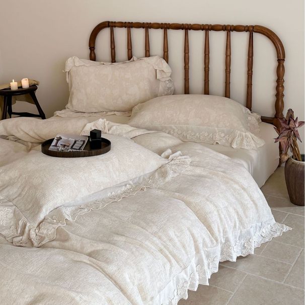 SetMicrofiber French-style Cotton-linen Yarn-dyed Four-piece Bedding Set With Large Lace Duvet Cover And Sheet, Girlish_maomaolike.com