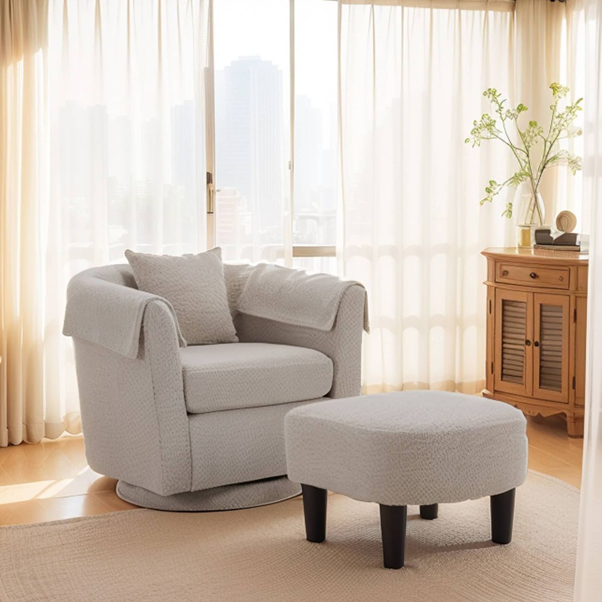 Swivel Accent Chair With Ottoman Set, Modern Chenille Barrel Armchair With Removable Back Pillow & 2 Armrest Covers For Living Room, Bedroom, Office, Gray_maomaolike.com