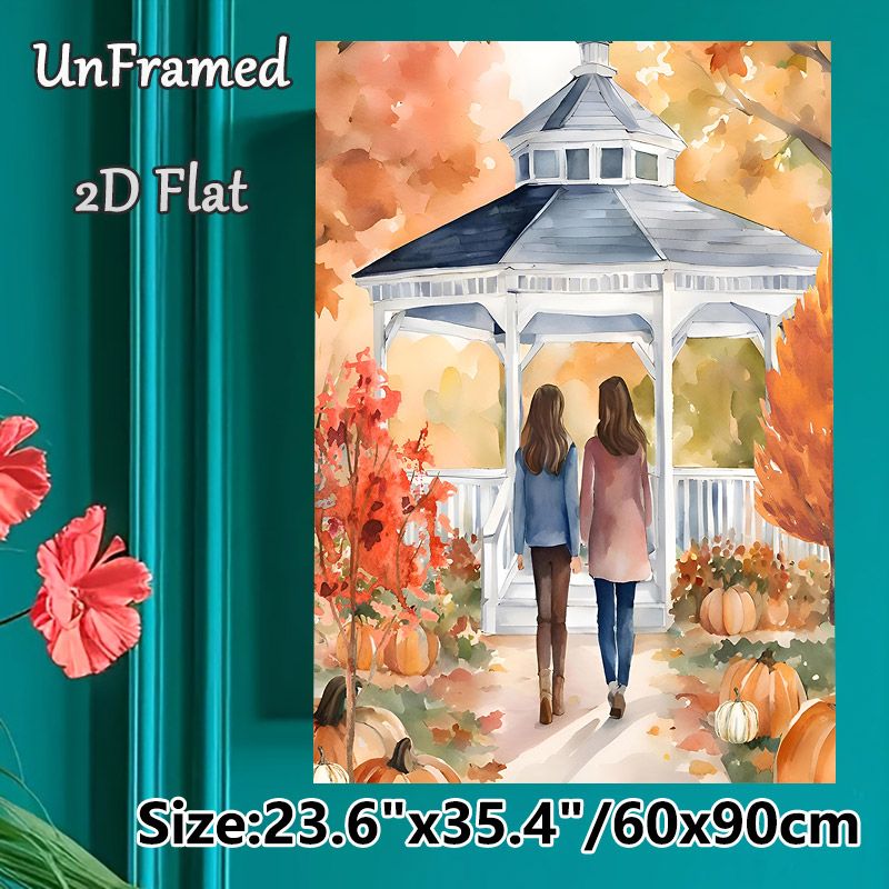 Autumn Gazebo & Friends Painting Poster, Warm Watercolor Style Poster, Cozy Fall Scene With Two Figures, Pumpkins And Foliage, Ideal For Living Room_maomaolike.com