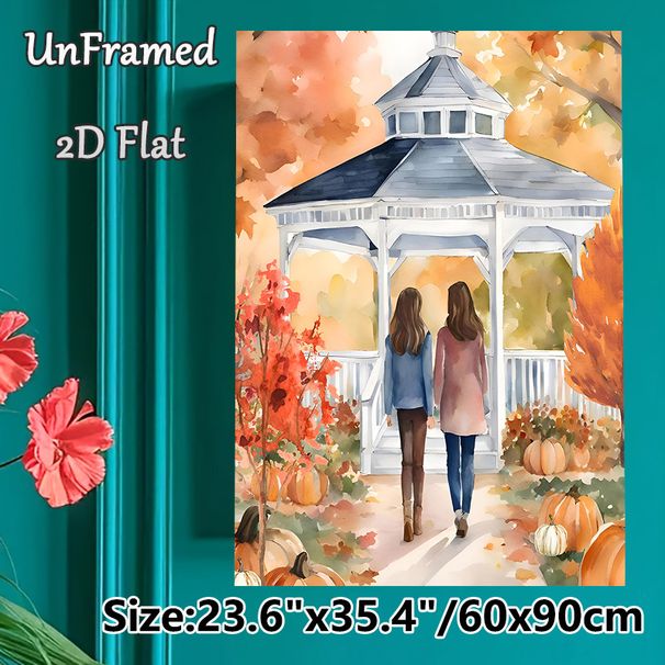 Autumn Gazebo & Friends Painting Poster, Warm Watercolor Style Poster, Cozy Fall Scene With Two Figures, Pumpkins And Foliage, Ideal For Living Room_maomaolike.com