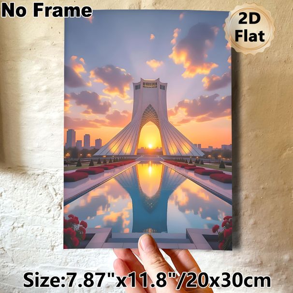 Azadi Tower Sunset Painting Poster, Warm-toned Urban Scenic Reflection Poster, Peaceful Cityscape Artwork Suitable For Living Room, Office Wall Decor_maomaolike.com
