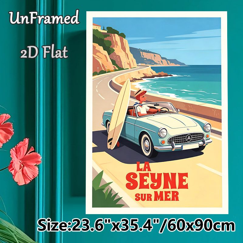 Coastal Road Trip Painting Poster, Vintage-style Retro Convertible With Surfboard On Seaside Cliff Road Poster, Warm Nostalgic Vibe For Living Room_maomaolike.com