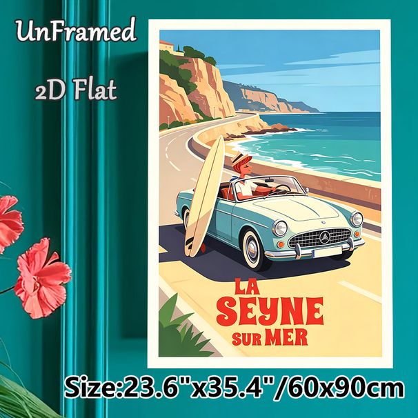 Coastal Road Trip Painting Poster, Vintage-style Retro Convertible With Surfboard On Seaside Cliff Road Poster, Warm Nostalgic Vibe For Living Room_maomaolike.com