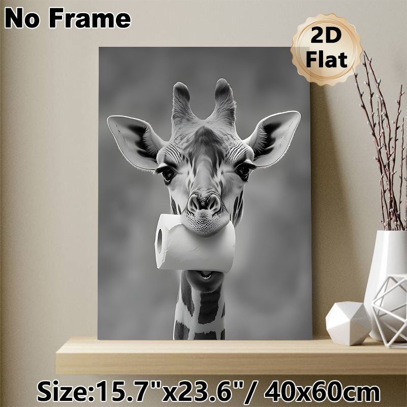 Funny Giraffe Painting Poster, Monochrome Whimsical Giraffe With Toilet Roll Poster, Playful Humorous Wall Decor Ideal For Bathroom, Living Room_maomaolike.com