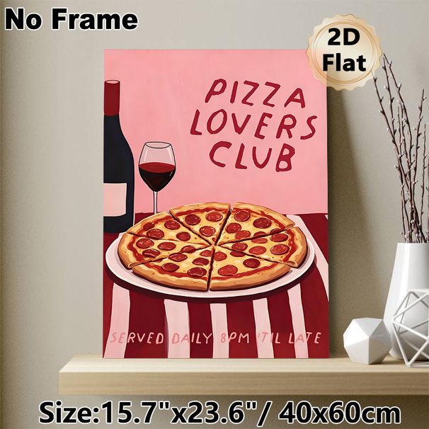 Pizza Lovers Club Themed Painting Poster, Warm-toned Cartoon-style Poster With Pepperoni Pizza, Wine Bottle & Glass, Cozy Food-inspired Decor Ideal_maomaolike.com